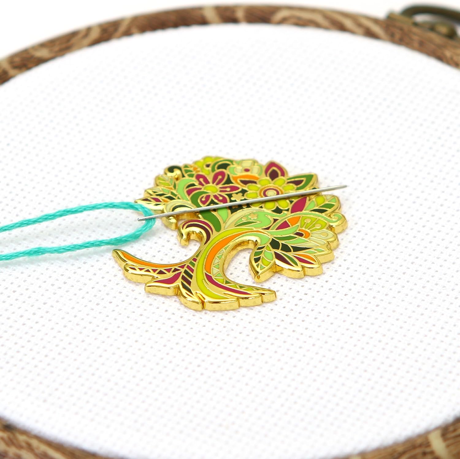 Awesome Pattern Studio Needle Minder Set - Mandala Tree of Life Magnetic Needle Minder + 2 Needle Threaders + Crane Scissors. Enamel Pin for Cross Stitch, Embroidery and Craft