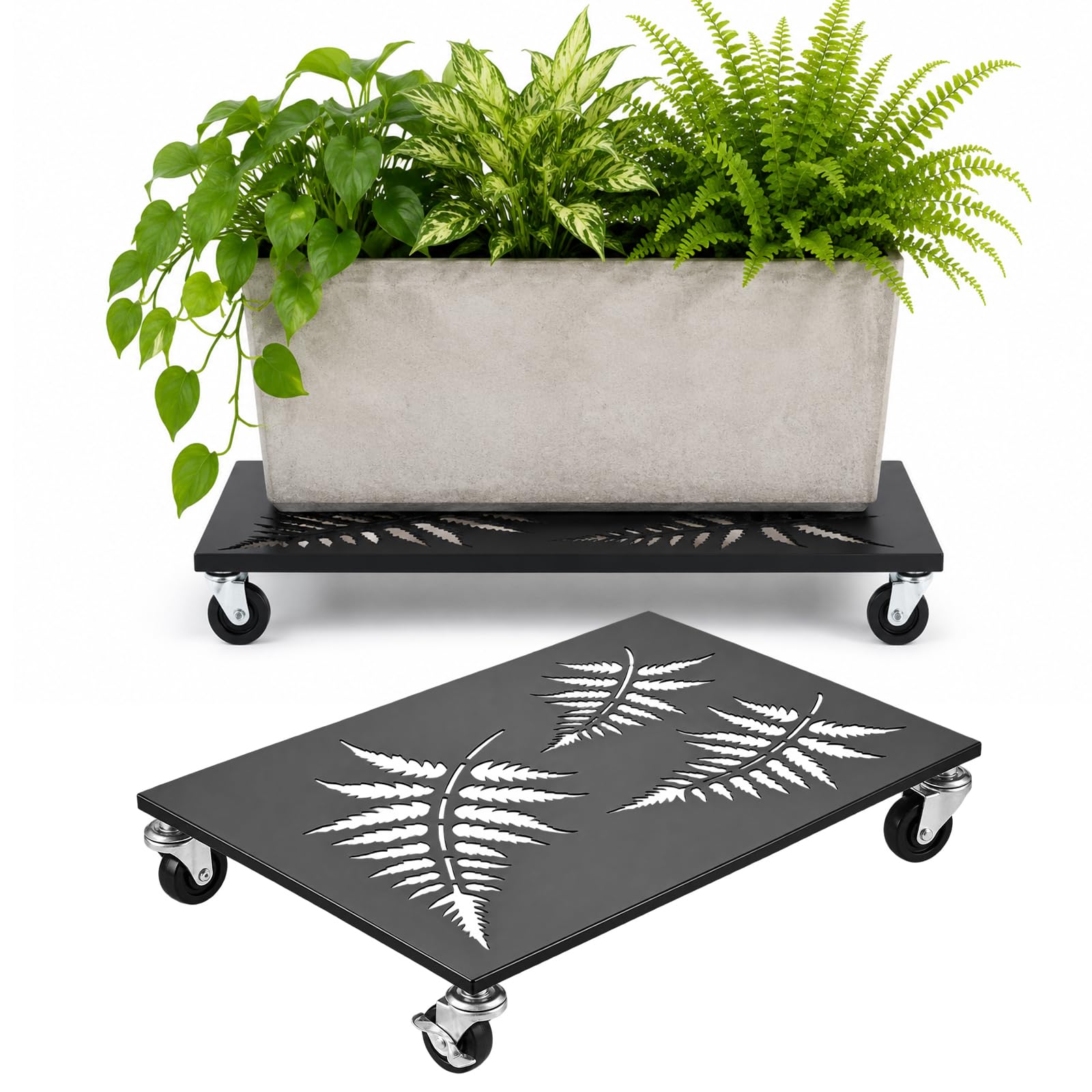 2 Pack Rectangle Plant Caddy with Wheels, 17.5 x 12 Inch Rectangular Metal Rolling Plant Stand Outdoor for Large Heavy Pots, Black Plant Dolly Planter Mover for Patio, Deck, Porch, Balcony and Garden