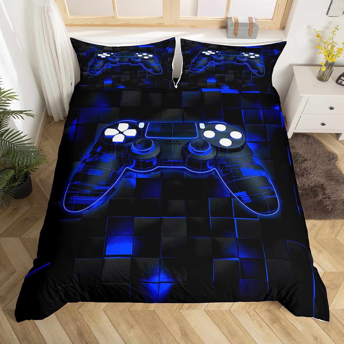 Housses de couettes manette de jeux ado garçon 220x240 bleu néon