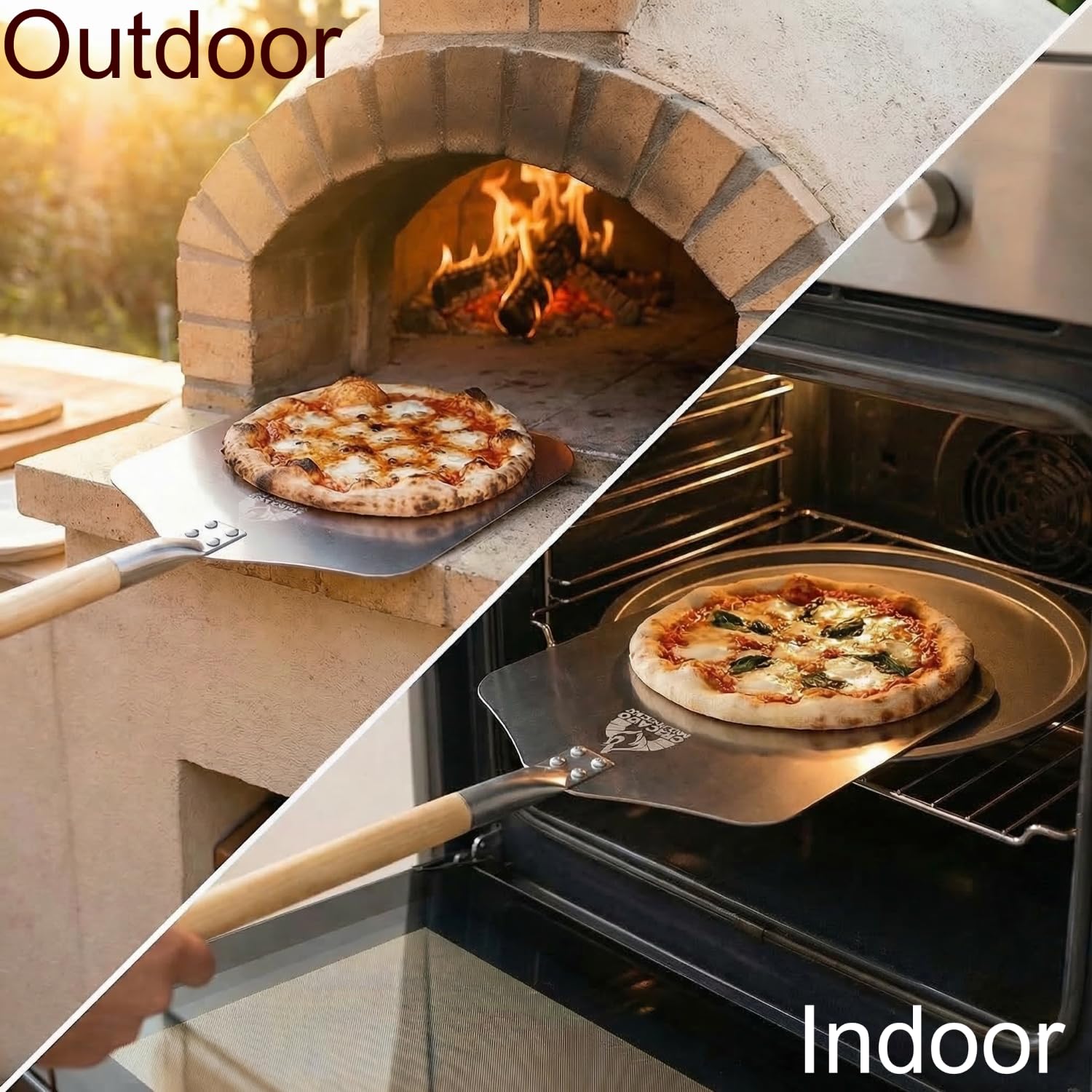 Chicago Brick Oven Pala de pizza de 30,5 x 35,5 cm, pala de pizza de metal de aluminio de 90,2 cm de largo con mango de madera desmontable de 53,3 cm, espátula para pizza