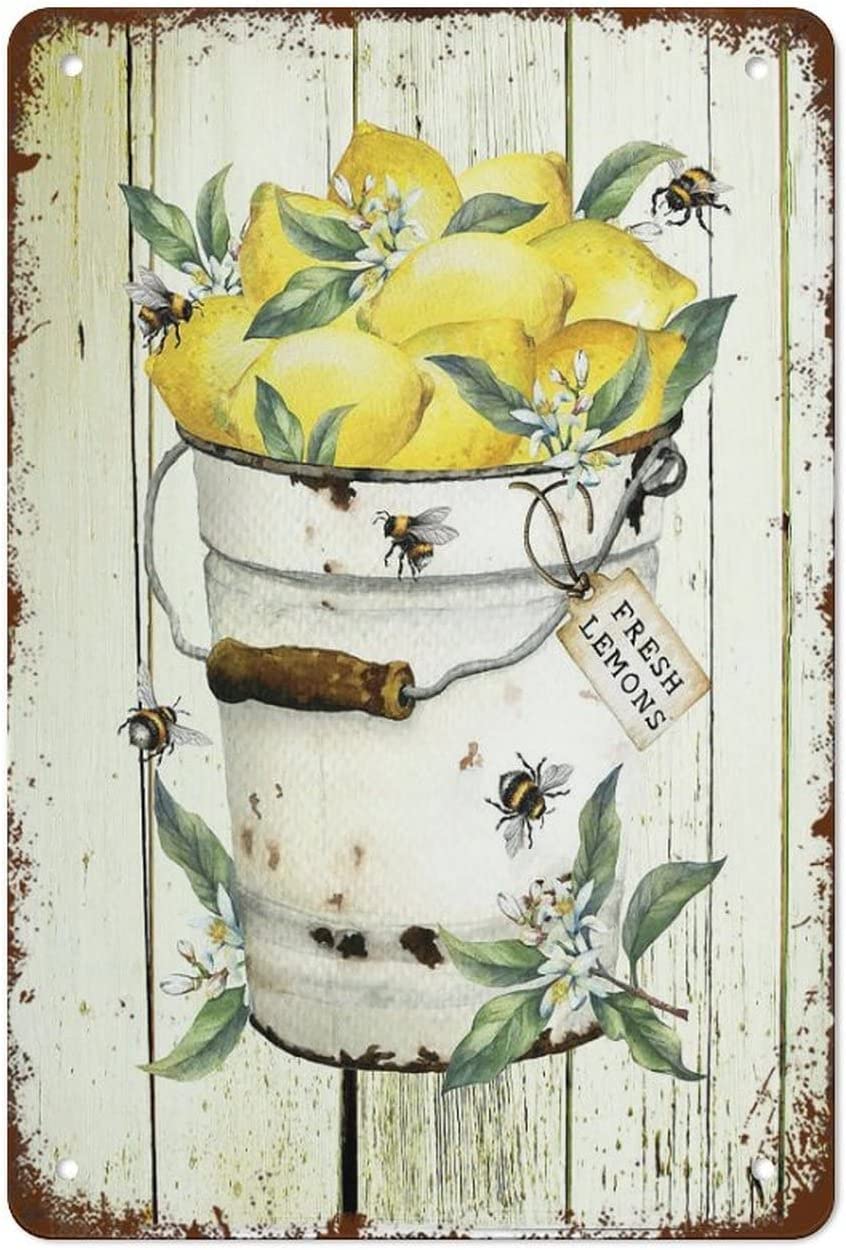 Peiyeety A003 Metal Tin Sign Lemon Bucket With Bees Art Vintage Decorative 12X16 Inch Retro Wall Art Plaque For Kitchen Dining Room Home Farmhouse Rustic Themed Wall Decor