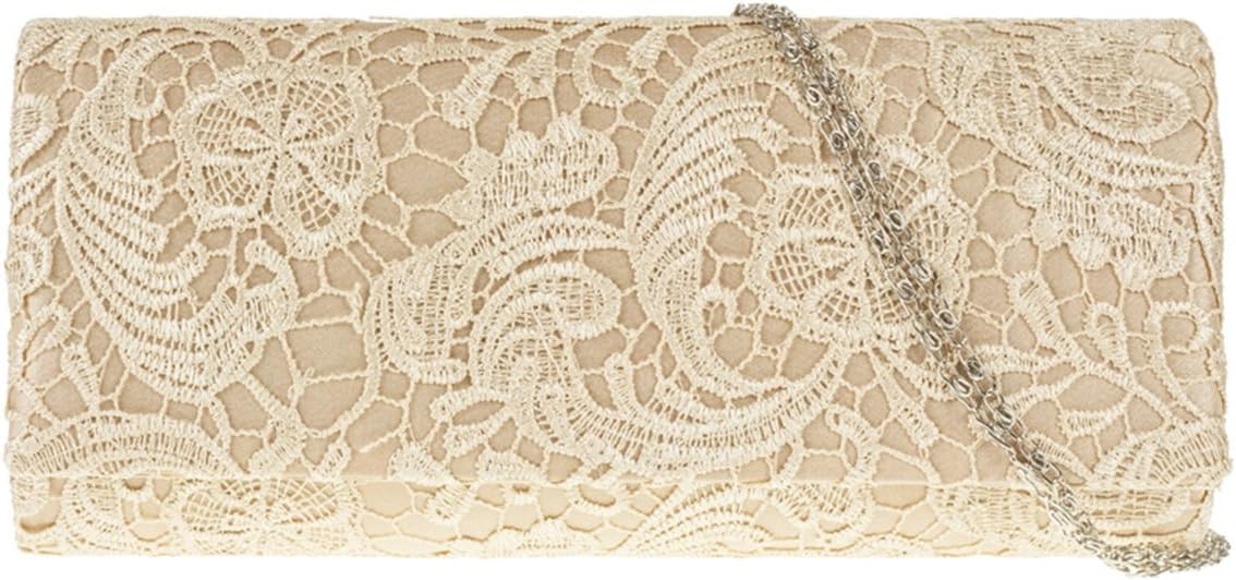 UKFS Floral Lace Pattern Clutch Bag/Ladies Girls Designer Wedding Shoulder Bag/Evening Bag (Champagne)