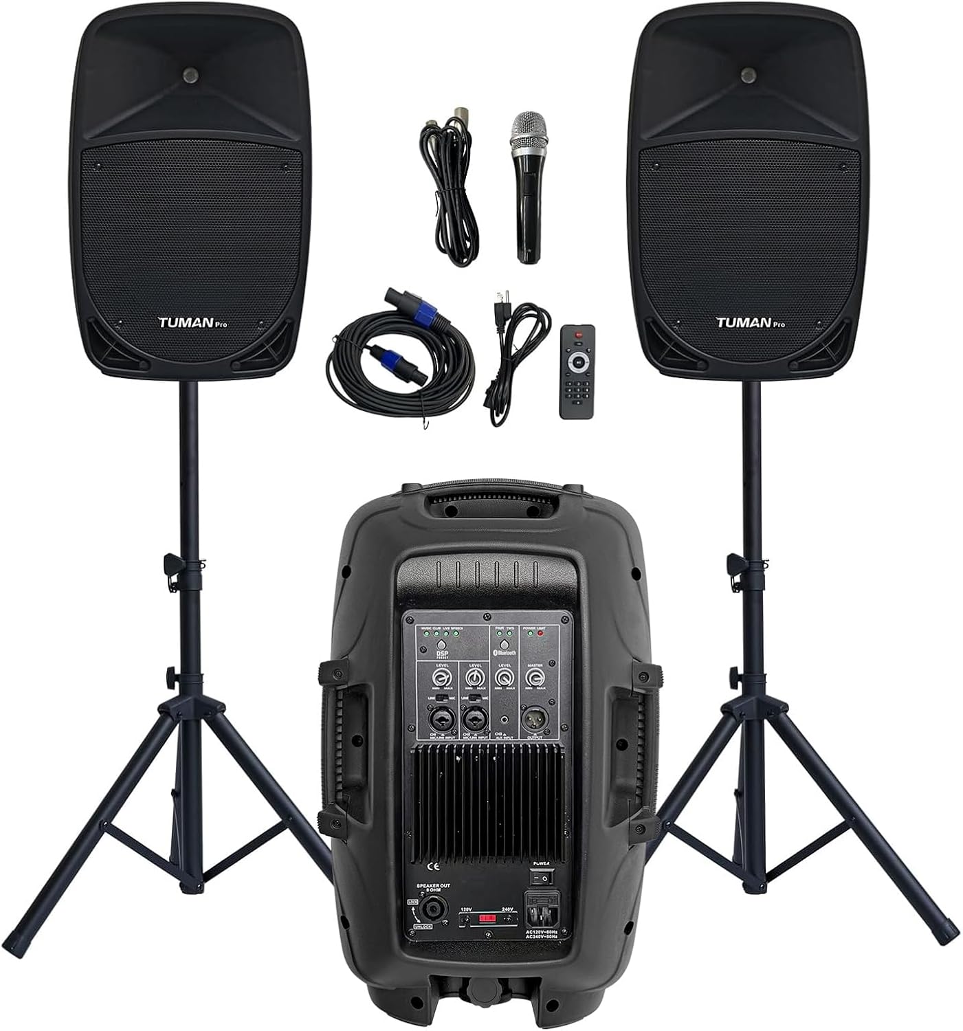 10-inch PA Speaker System, 1200W High Powered Bluetooth Compatible Active + Passive Pair Outdoor Sound Speakers, Outdoor Karaoke Machine, FM Radio, Remote Control,2 Speaker Stands,Supports SD Card/USB