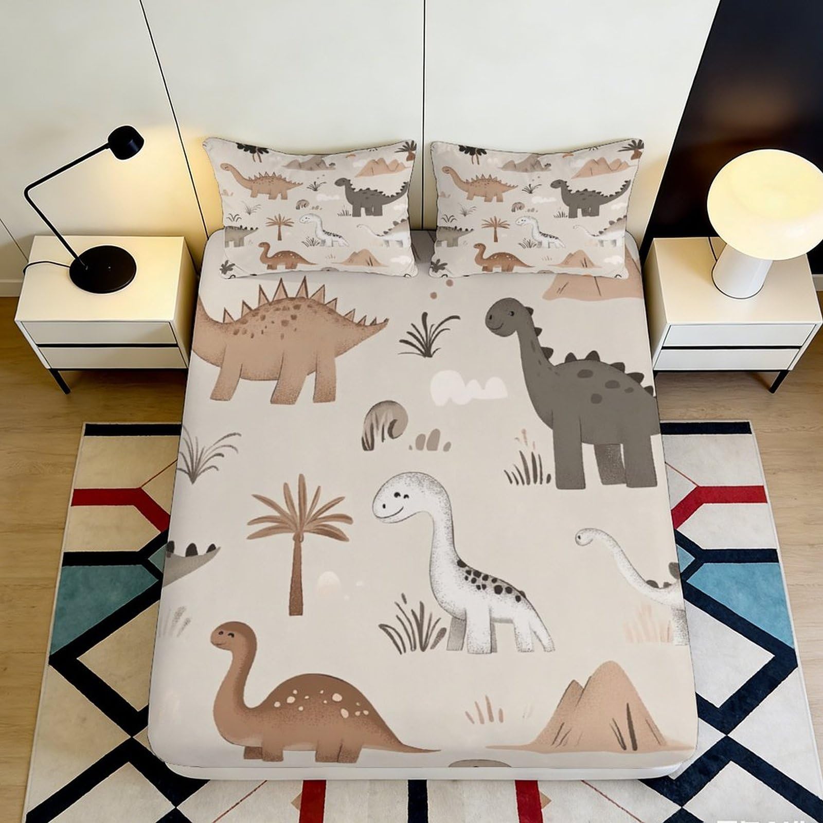 3D Printed Cute Dinosaur Fitted Sheet Microfiber Soft Breathable Cartoon Dinosaur Bed Cover for Bedroom Dormitory Guest Room Mattress Protection 180x200x25cm