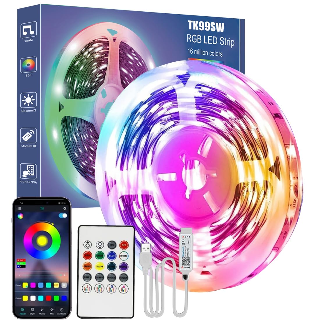 LED Strip 3 m, RGB LED Streifen mit Bluetooth APP & Fernsteuerung, Musik Sync TV Hintergrundbeleuchtung für 45-65 Zoll TV, Dimmable LED Lichtband for Gaming Zimmer Deko