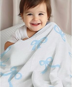 Bow Blanket Blue Bows Soft Throw Blanket Reversible Premium Cozy Fabric for Best Comfort - for Infant,Toddler,Newborn,Nursery,Girl,Throw,Crib,Stroller,Gift Blue Bows, 30x40 in