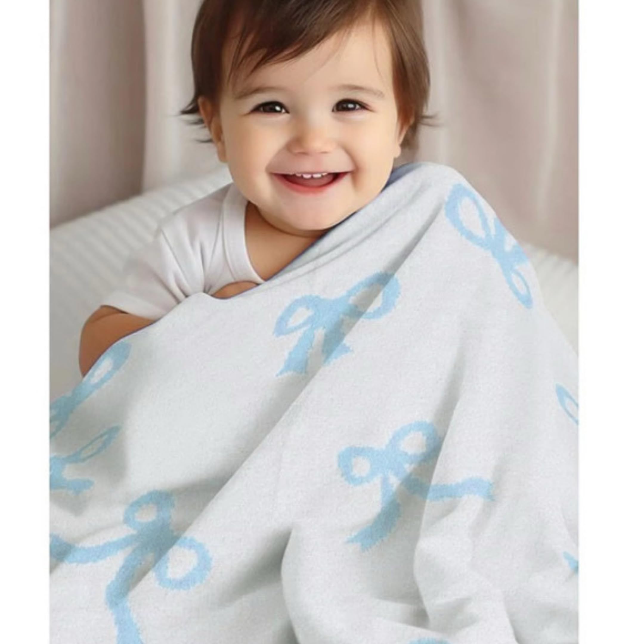 Bow Blanket Blue Bows Soft Throw Blanket Reversible Premium Cozy Fabric for Best Comfort - for Infant,Toddler,Newborn,Nursery,Girl,Throw,Crib,Stroller,Gift (Blue Bows, 30x40 in)