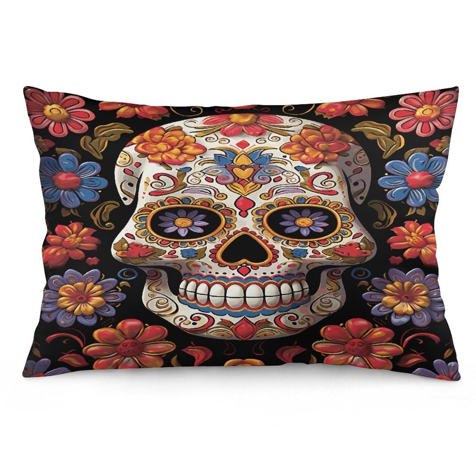 Sugar Skulls Throw Pillow Covers with Silent Zipper Polyester Pillow Protectors Removable Pillow Cases Soft Pillowcase Cozy Pillow Sham Cushion Cover for Sofa Car Bed 12 "x20