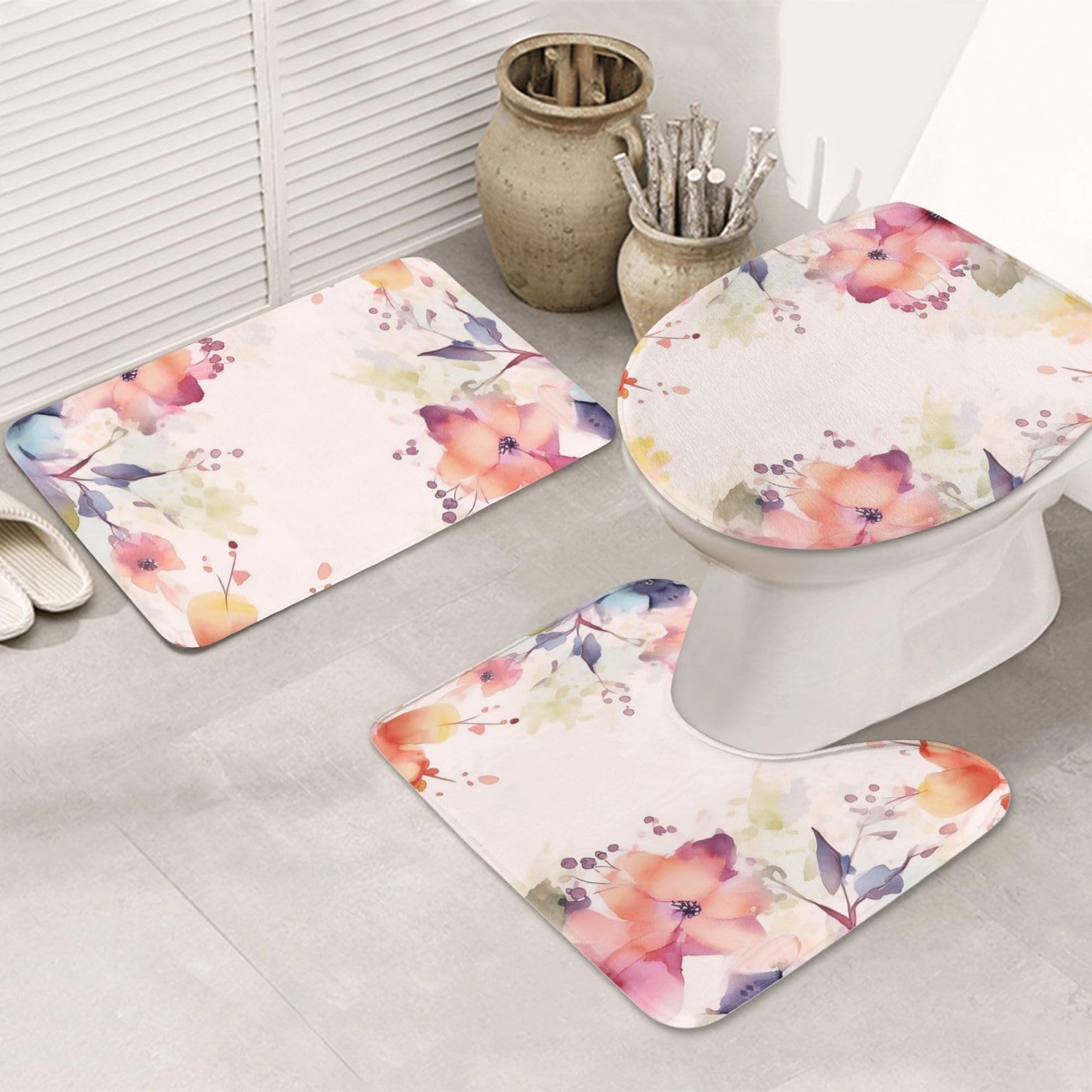 Tapis de salle de bain absorbants Lot de 3 avec contour WC en U motif floral