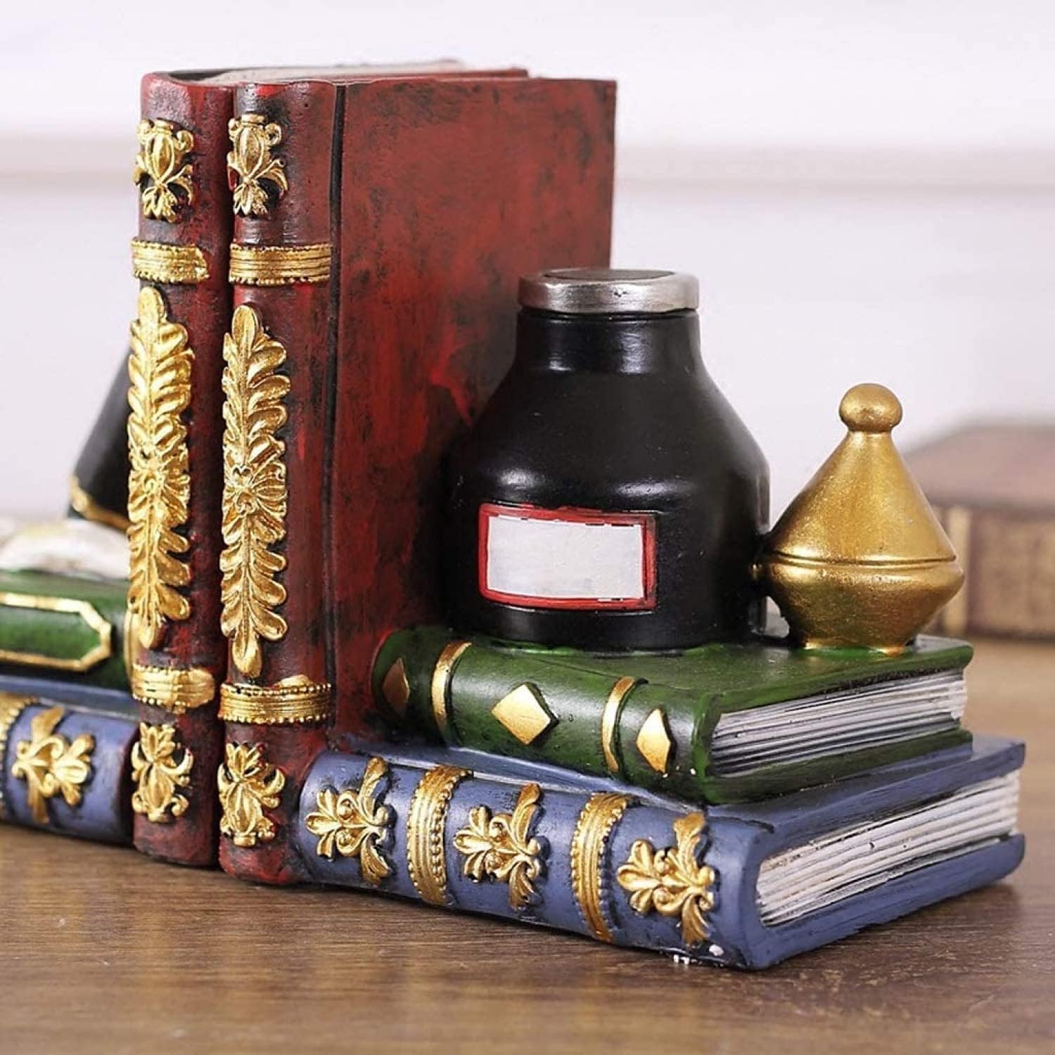 Bellaa 25389 Bookends Antiques Pen Ink Lamp Magical Oldworld Liabrary Office Book Ends for Shelves Stopper Vintage Collection Heavy Duty ＆ Sturdy Non-Skid