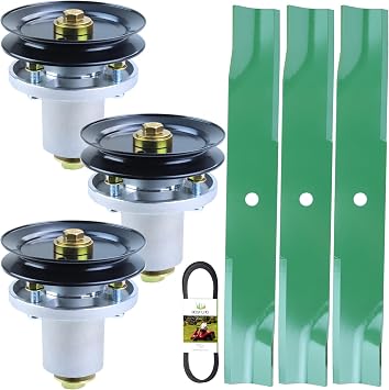 54 Inch Mower Deck Rebuild Kit Includes 3 Pack 607418 Spindle Assembly 604664 Spindle Pulley 797720 Belt and 601124 Mower Blade Replaces 601804 Spindle Assembly