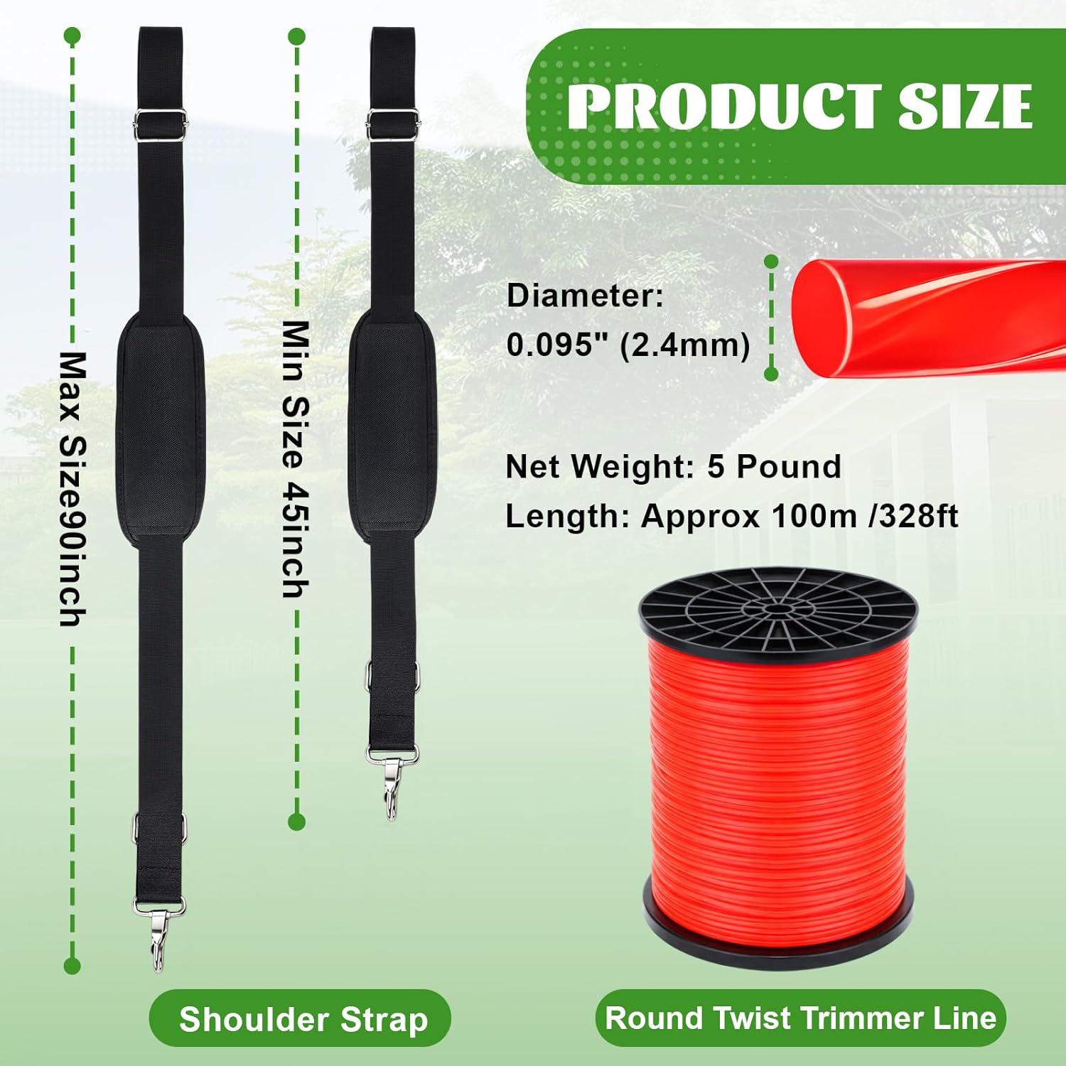 Timgle 2Pcs 0.095" Round Twist String Trimmer Line 328ft String with Adjustable Trimmer Shoulder Strap for Garden Brush Cutter Lawn Trimmers
