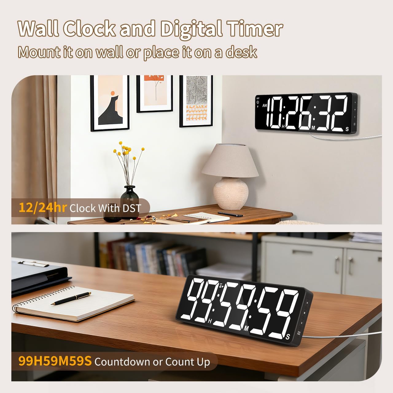 VOCOO 15.7" Large Digital Wall Timer with 99H Countdown, Count Up, Clock and Remote Control, 18 Colors RGB Wall Clock for Office, Home Decor, Kitchen, Living Room, Gym, Classroom