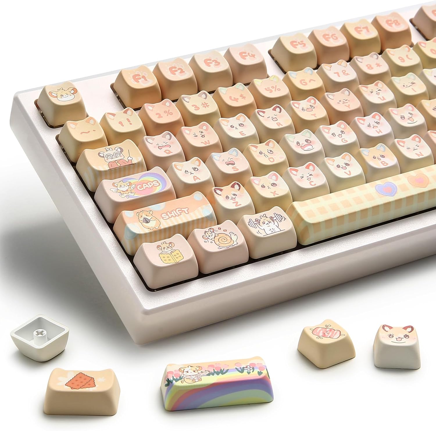 YUNZII Dye-Sub PBT Keycap Set, Mao Profile, 143 Full Keys Cute Cat Shape Custom Keycaps with Key Puller for Cherry Gateron MX Switches Mechanical Gaming Keyboard (Mousie)