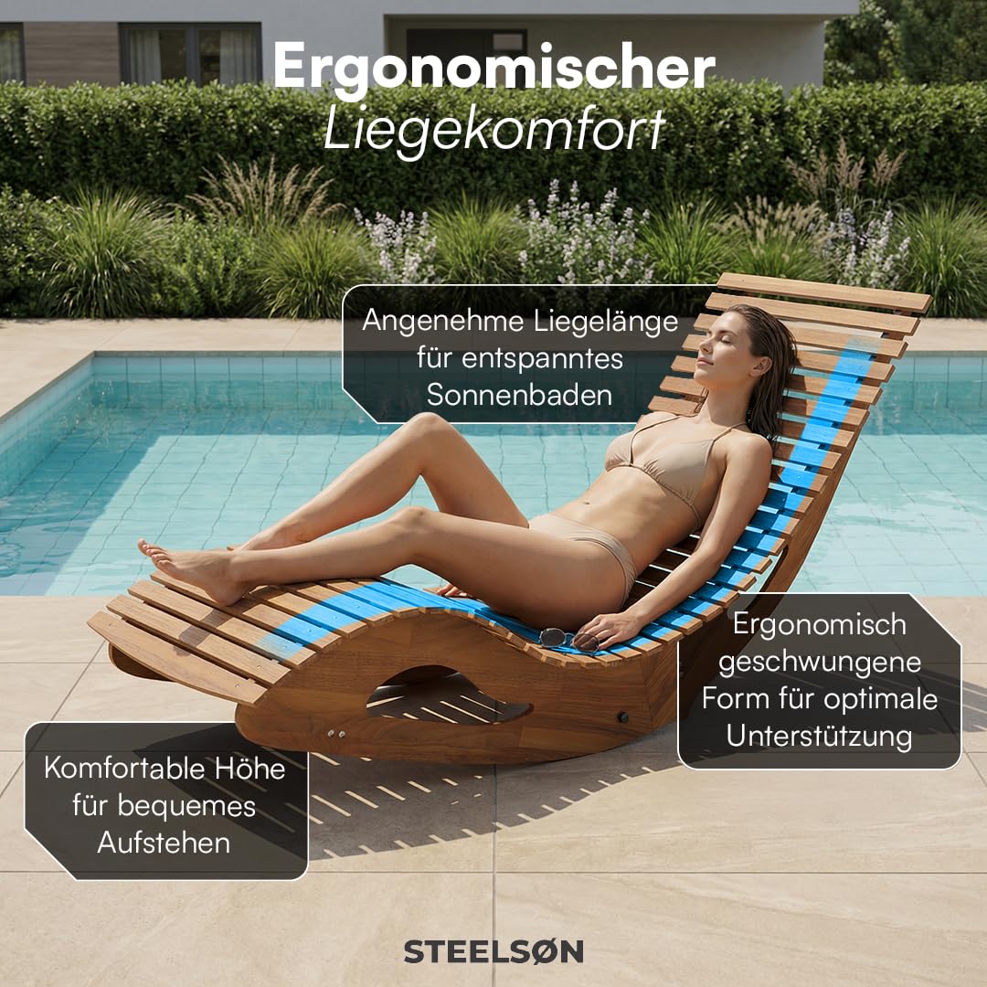 STEELSØN Solaria Gartenliege, Akazienholz geölt, klappbar, 150kg, Outdoor | Holzliege klappbar, Liegestuhl Akazienholz geölt, Sonnenliege, ergonomische Saunaliege wetterfest, Schaukelliege, Relaxliege