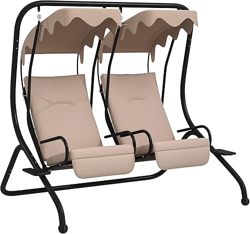 Outsunny Silla de columpio para patio con 2 asientos separados, columpio al aire libre con toldo extraíble y portavasos para porche, jardín, Beige