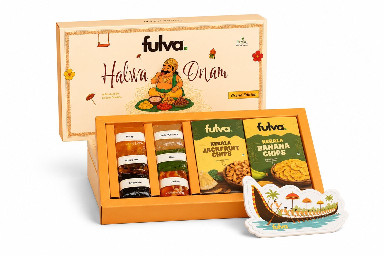 Fulva Onam Grand Edition Hamper – 6 Halwas & 2 Kerala Chips Gift Box | Six Halwa Flavours & Two Kerala Chips in One Hamper, No Maida, No Preservatives, 100% Veg, with Free Vallamkali Standee-image-47