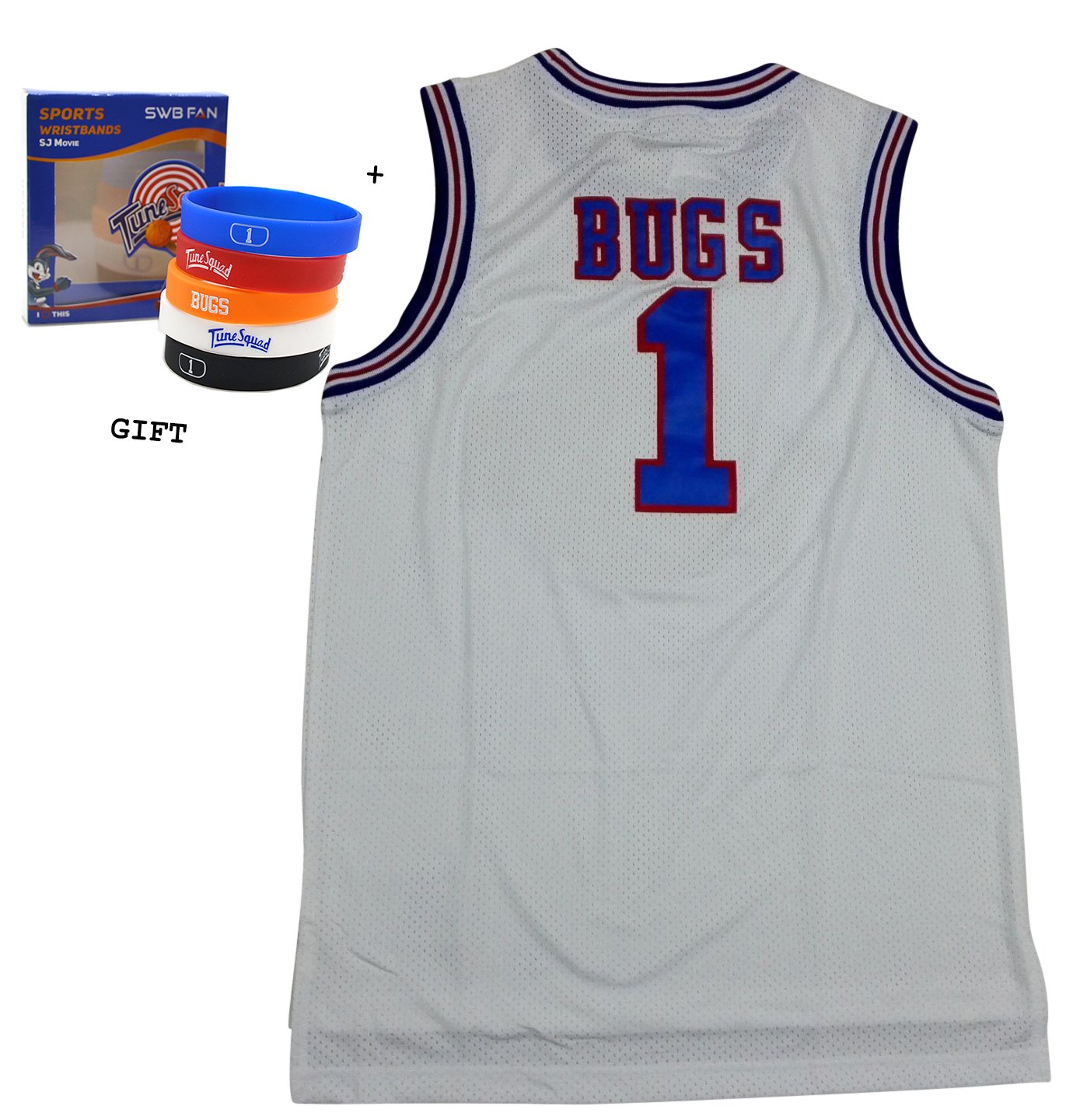 Bugs 1 Space Jam jersey Basketball Jersey Include Free Themed Wristbands (WHITE, XL)