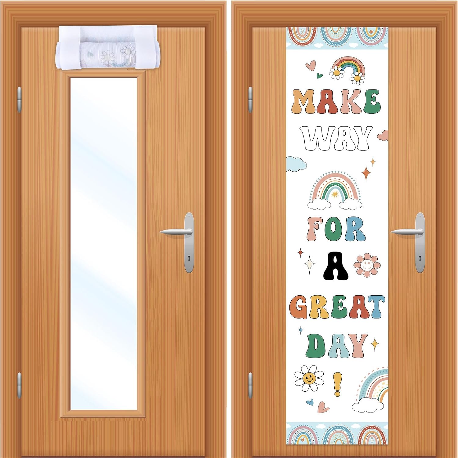 2 PCS Boho Welcome Classroom Door Window Cover Rainbow Door Curtain Blackout Lockdown Shades Glass Window Covering Darkening Blackout Roller Shades for Nursery Teacher Office Room Decor 36 x 8 Inch