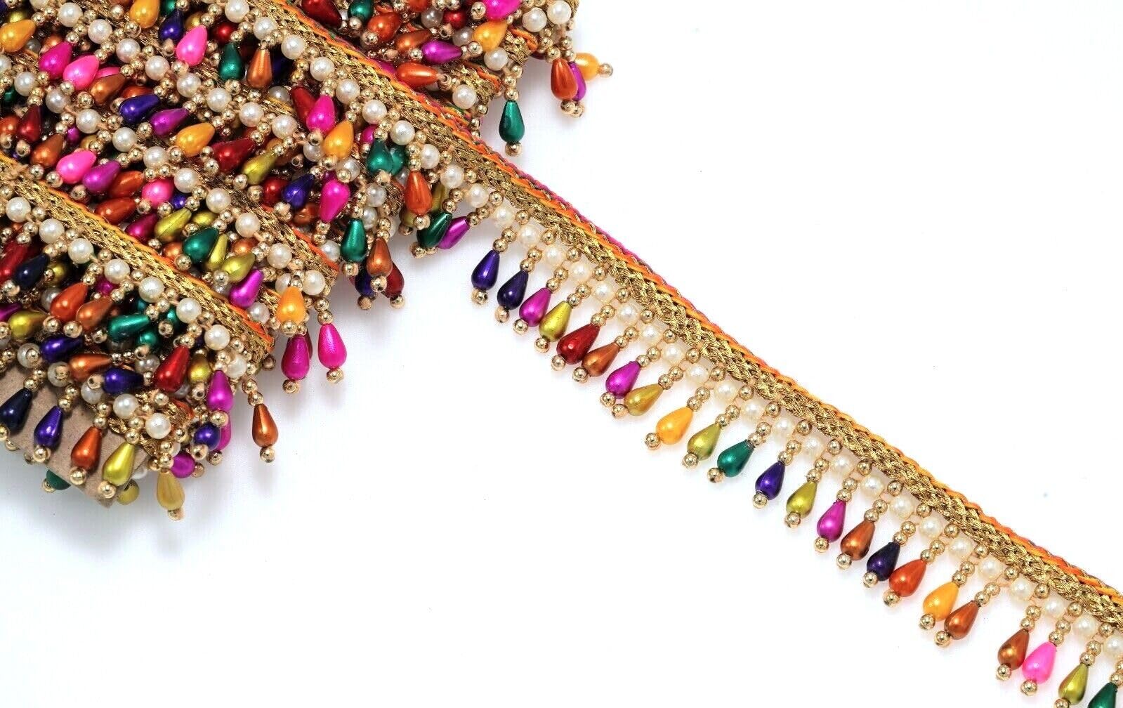 Beaded Fringe 2 Yard 2.5 Cm Wide Drop Shape Plastic Sequence and Pearl Combination Vintage Style Trim Ribbon Sewing on Edging Crafts Wedding Decor Bridal Dress (Prime Multi)