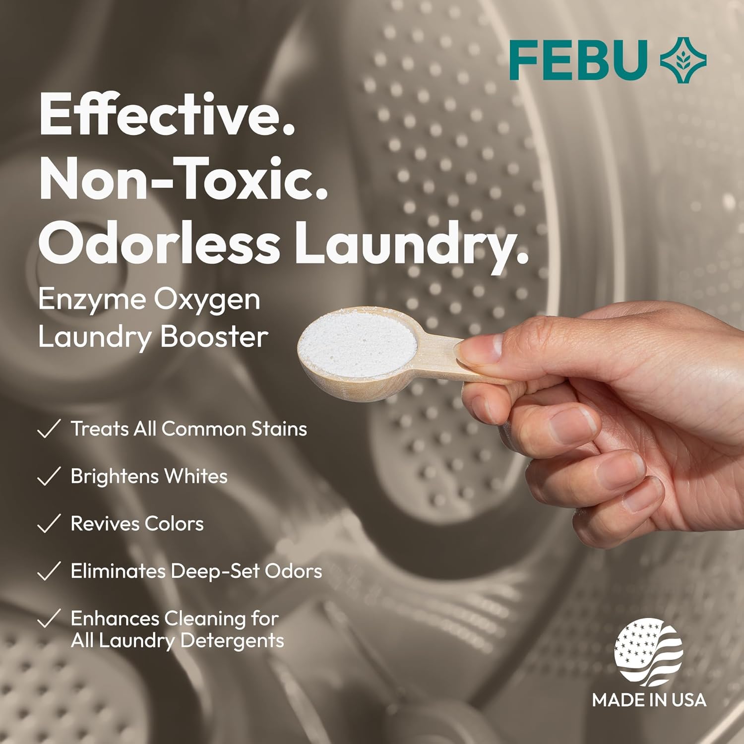FEBU Enzyme Oxygen Laundry Booster, Odor Eliminator & Stain Remover | Advanced 6-Enzyme Formula for Sweat, Pet & Musty Odors | Plant-Based, Safe, Plastic-Free Powder, USA-Made | Fragrance Free, 2lbs - Image 2