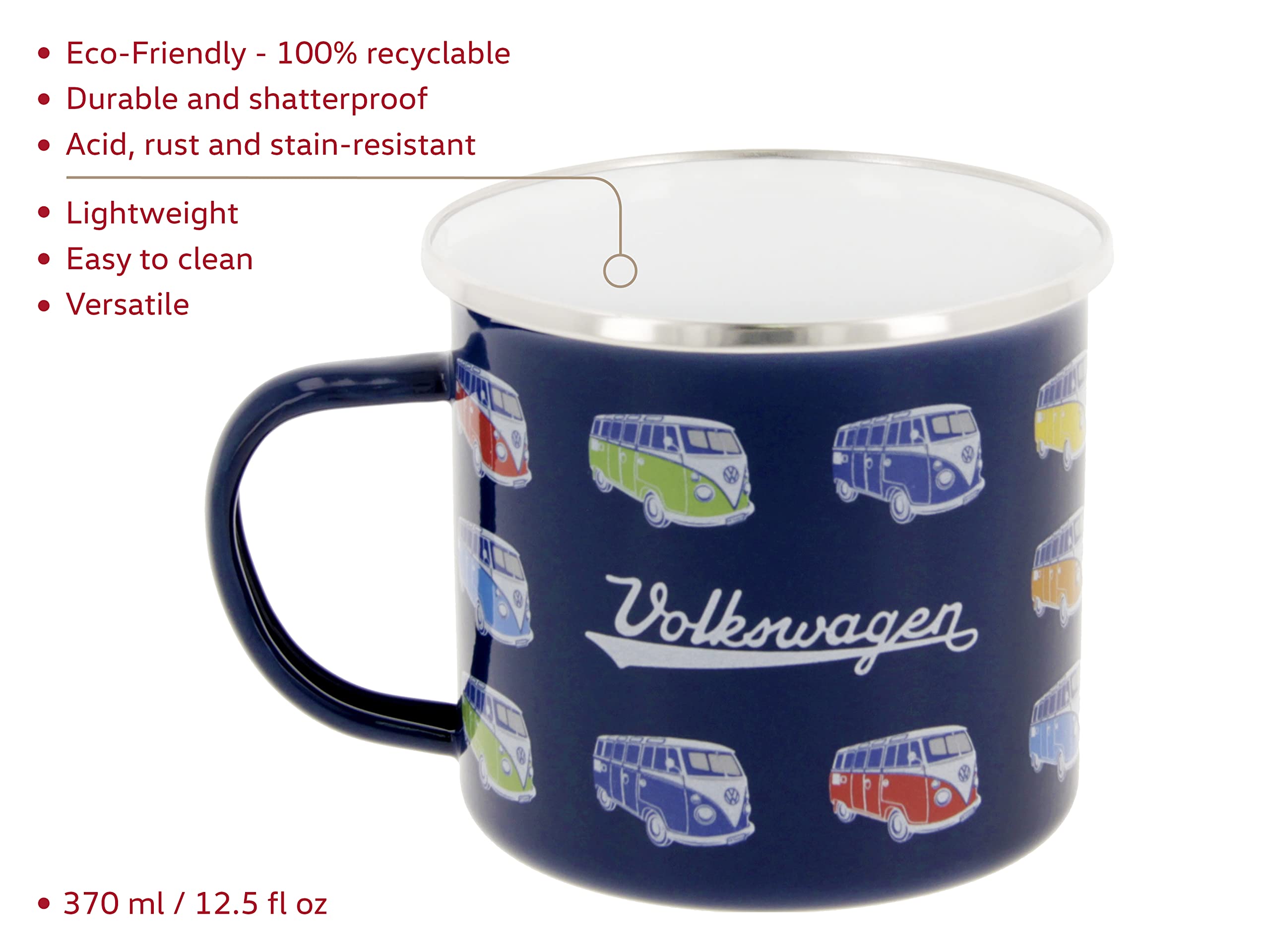 Set 2 Tazze In Metallo Smaltato Volkswagen T1 - Design Campervan, 350ml, Bianco E Rosso - Foto 3