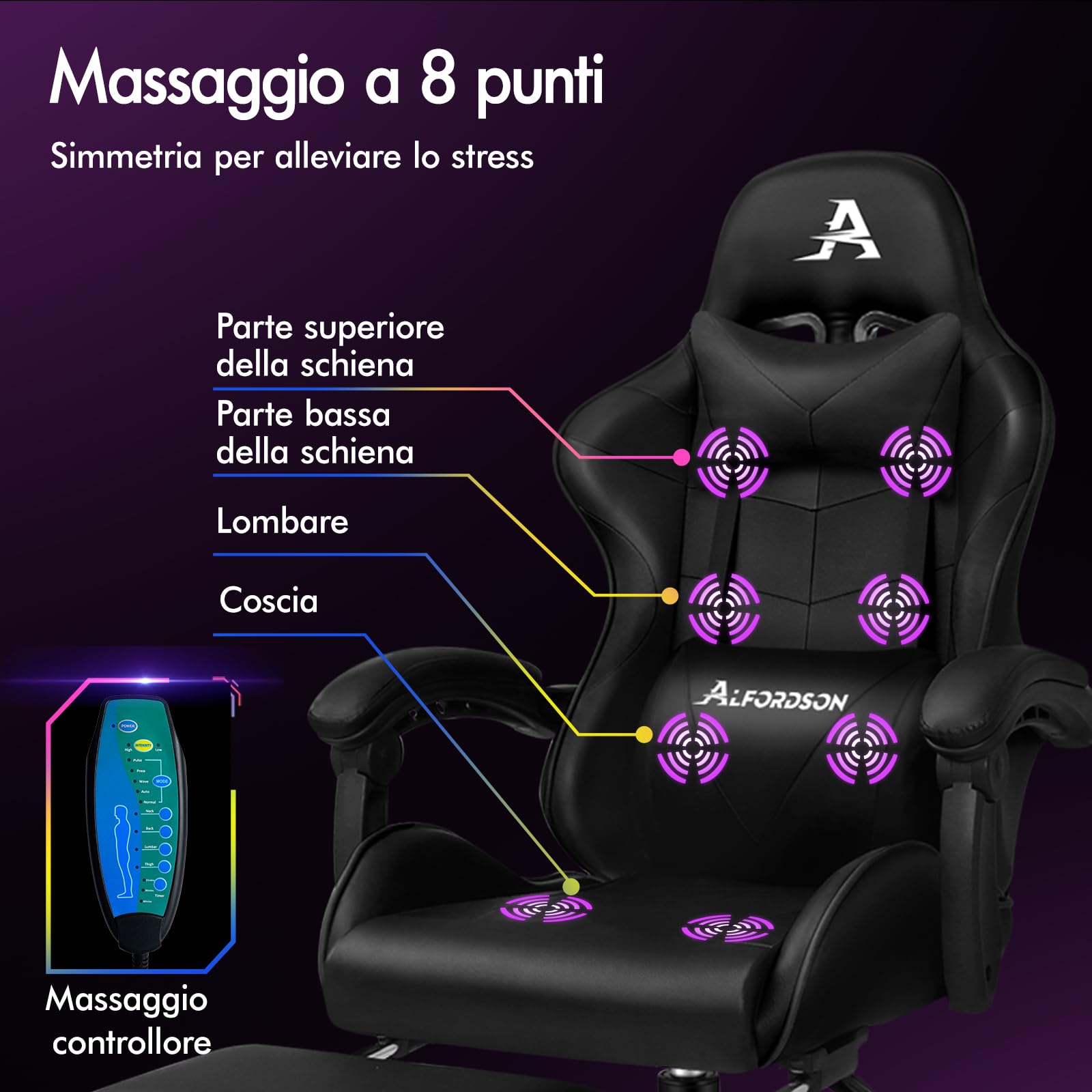ALFORDSON Sedia Gaming Massaggiante, Sedia Professionale Gamer con Poggiatesta e Cuscino Lombare, Ergonomico Poltrona da Ufficio Schienale Regolabile 90-150°, Portata 180 kg, Similpelle(Nera)