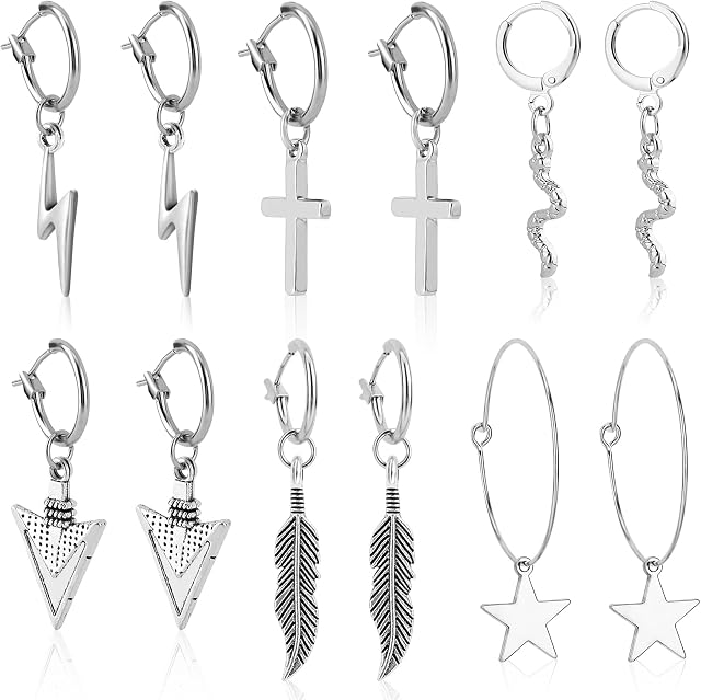 Greoer 6 Pairs 925 Sterling Silver Earrings Small Fashion Hoop Earrings Huggie Hoop Earrings with Dangle Cross Charms Feather Star Lightning Triangle Dangle Hinged Hoop Drop Earrings for Women Girls