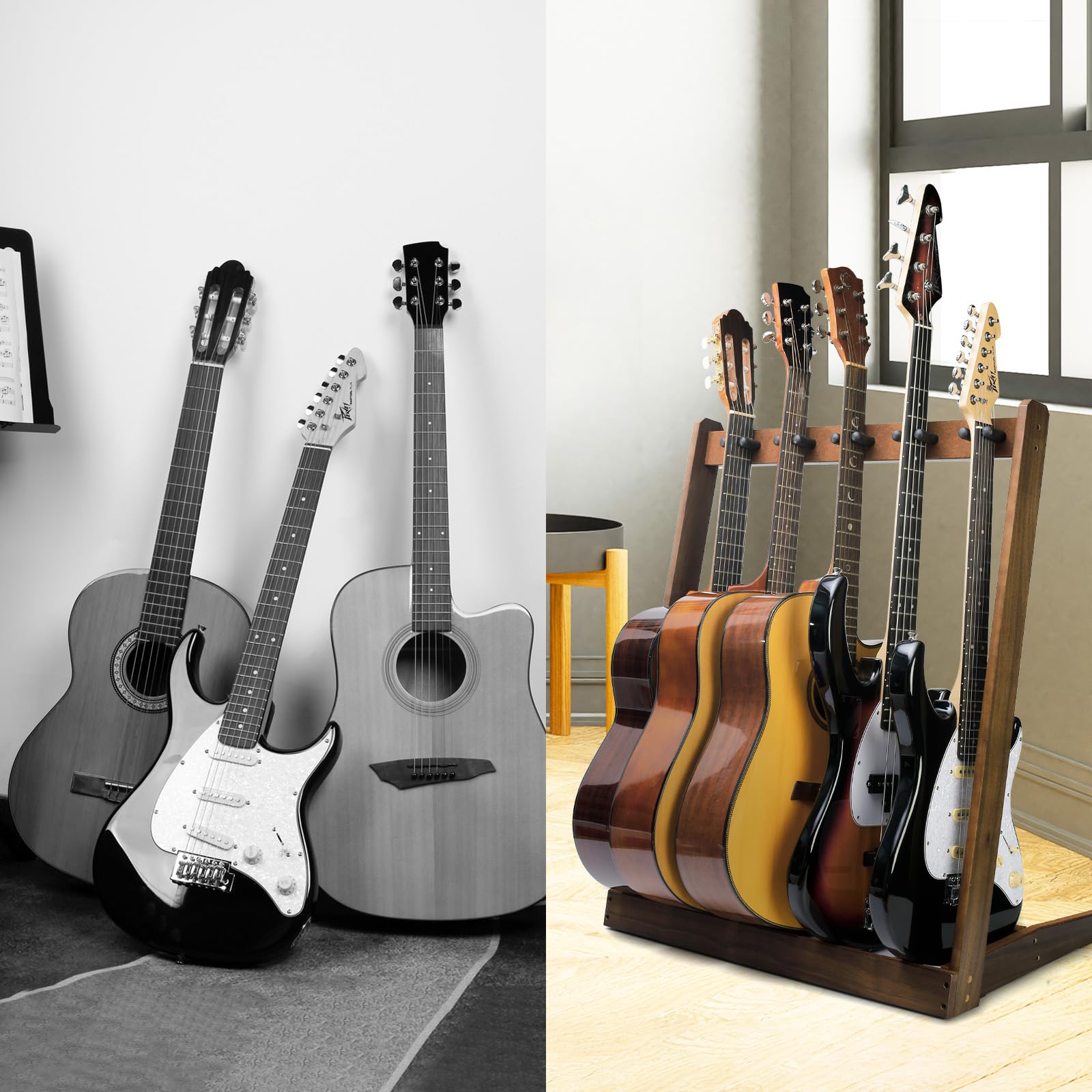 Supporto per chitarra in legno per 5 chitarre acustiche, elettriche o basse, con slot per plettri e spazio per 4 scatole