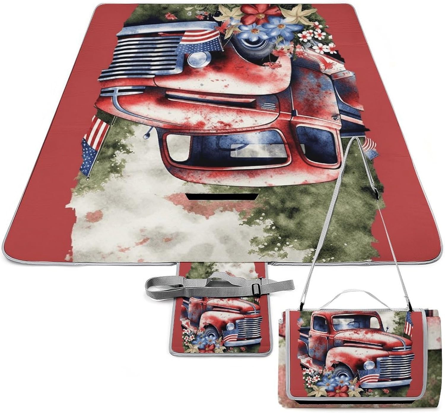 Four Th of July Patriotic Old Red Truck Picnic Blanket Indoor and Outdoor Square Blankets Waterproof Design Mat Foldable Beach Mats Portable Park Sand Free Blanket for Camping Beach Park