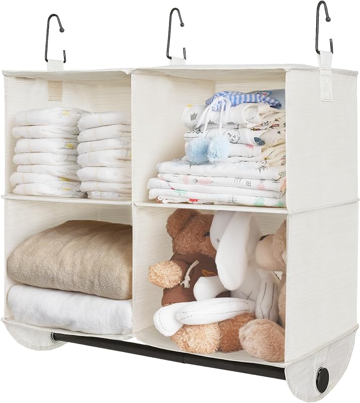 Hanging Closet Organizer with Rod, 4 Sections, 2 Tiers, White | Maximize Closet Space with 4 Open Sections and Built-in Rod for Hanging Clothes Below
