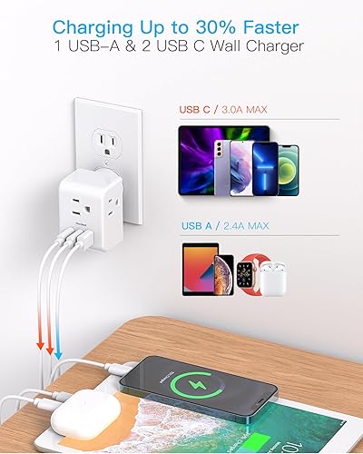 Miniatura 10 de Extensor de toma de corriente múltiple, regleta de alimentación sin sobretensiones, divisor de salida eléctrica con 3 cargadores de pared USB (1 USB