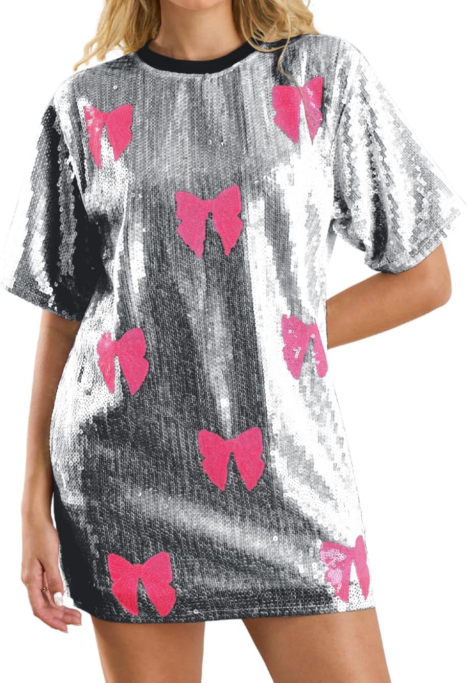 Sequin T-Shirt Dress, Sparkly Bow Tops, Concert Rave Outfits, Glitter Shiny Mini Dresses for Women Shirts