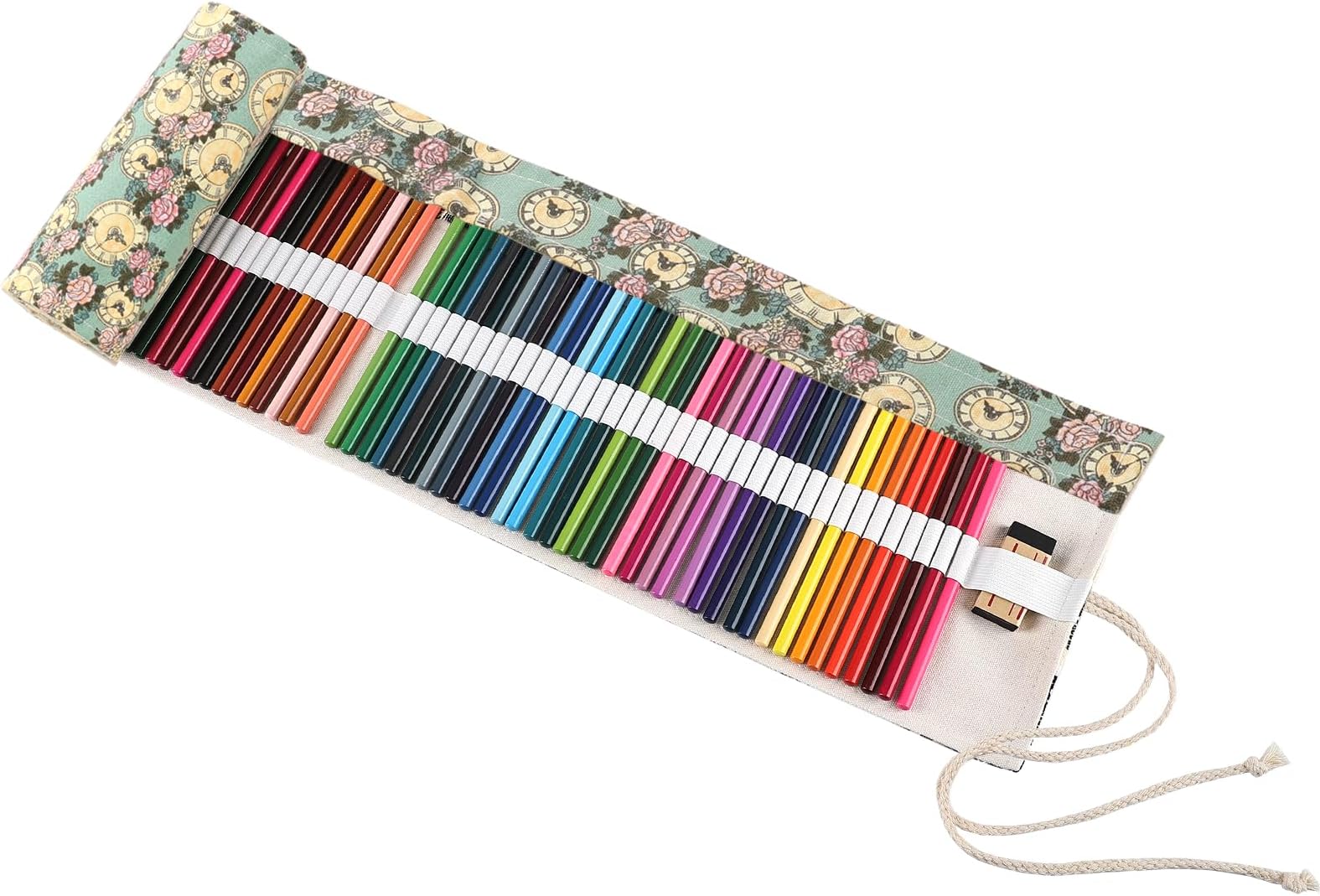 Surblue Canvas Pencil Case Pencil Roll Wrap with 72 Slots Coloring Pencil Holder Organizer Paint Brush Storage Pouch Portable for Artist, Writer(Green Clock
