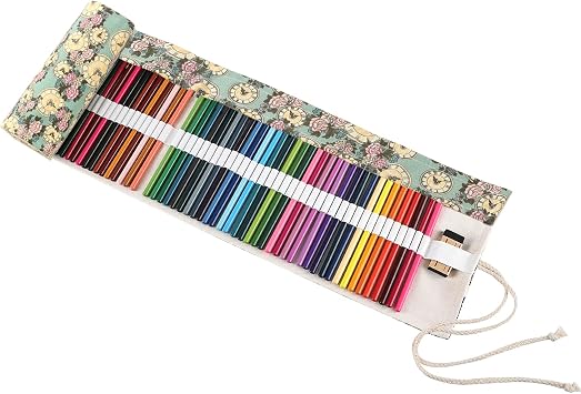 Surblue Canvas Pencil Case Pencil Roll Wrap with 72 Slots Coloring Pencil Holder Organizer Paint Brush Storage Pouch Portable for Artist, WriterGreen Clock