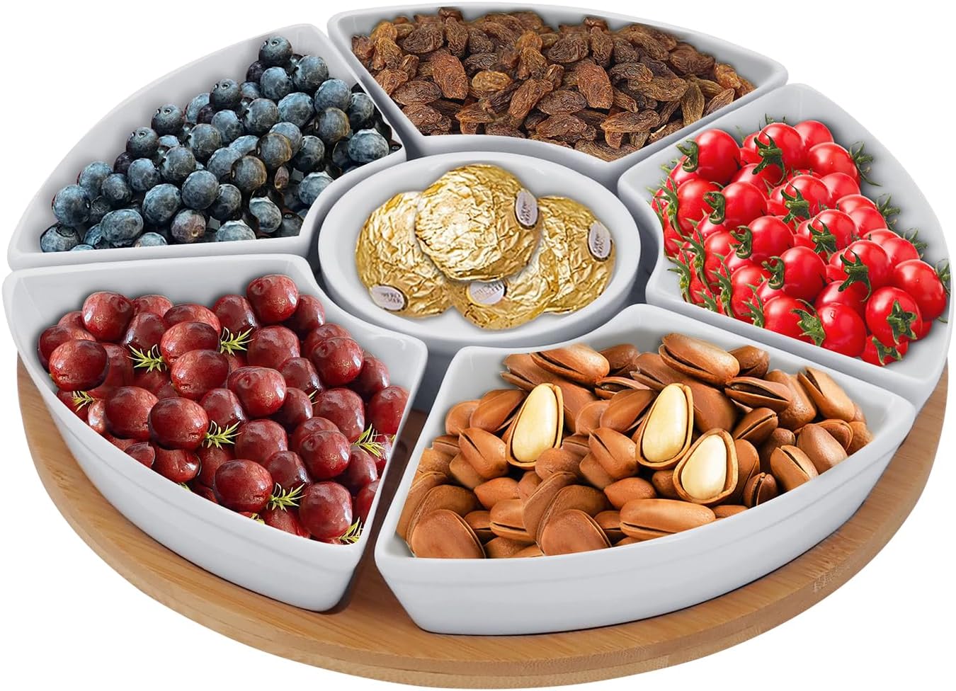 Rotating Dip Set,Lazy Susan Rotating-29cm,Relish Tray,Ceramic Serving Tray-with Bamboo Platter,Divided Serving Platter with 6 Removable Dishes, for Appetizer, Fruits,Veggies,Candy(White)