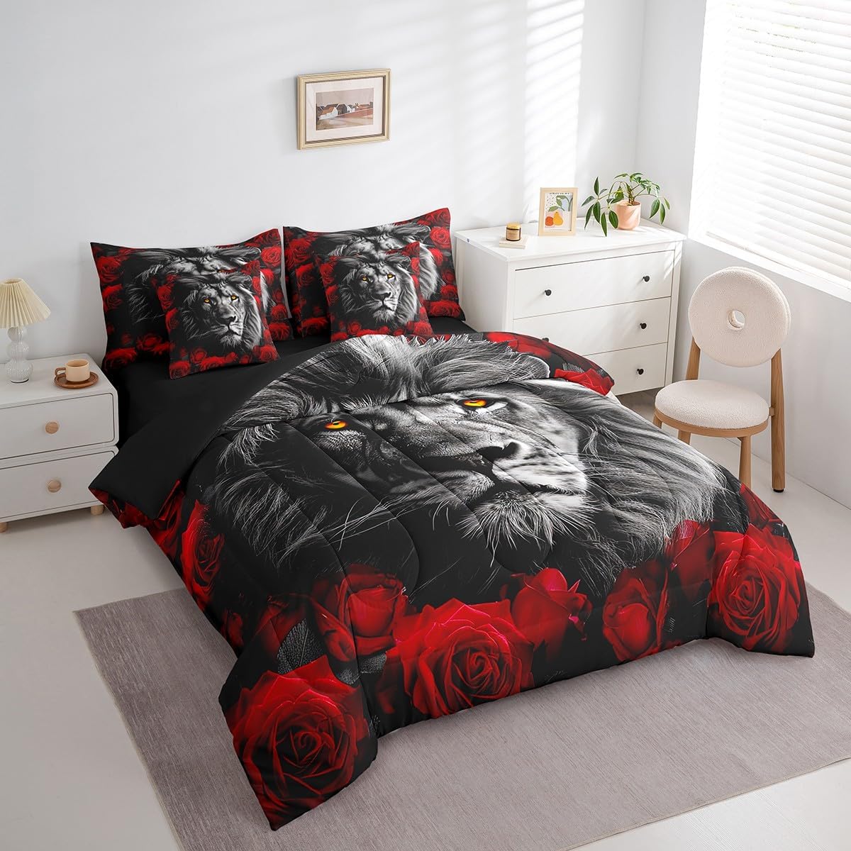 Lion Queen Comforter Set,7 Pieces Red Rose Flowers Comforters Queen Bed in a Bag for Bedroom,Wild Safari Theme Western Animals Bedding Comforter Sets with Comforter,Sheets,Shams & Pillowcases