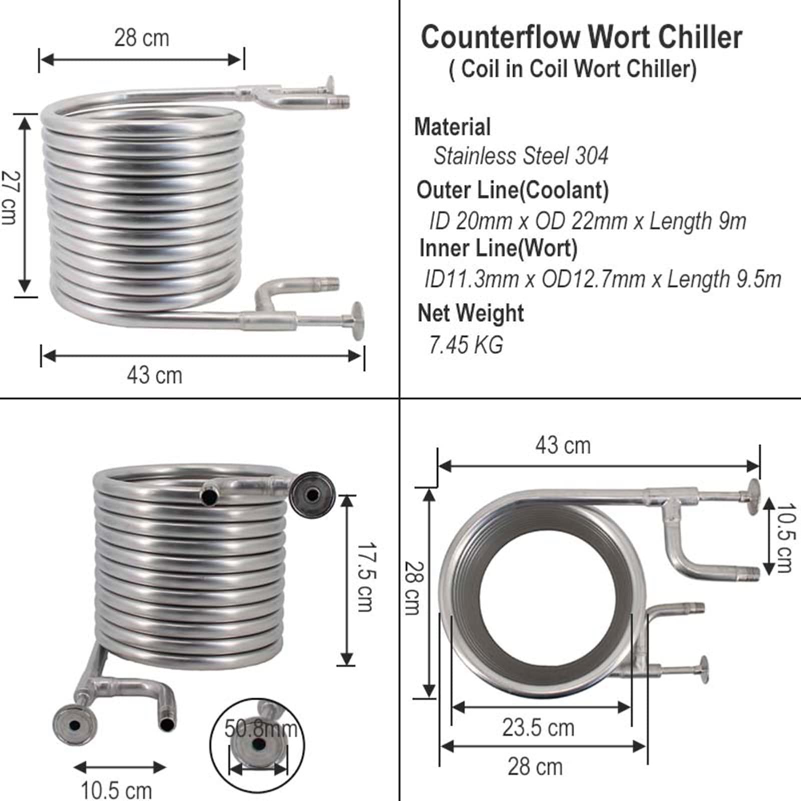 Pro contraflujo de Acero Inoxidable, Enfriador de Mosto 9.5M 1.5 "TC 1/2" BSP Homebrew Cerveza y Equipo de elaboración de Vino (Bobina en Bobina)