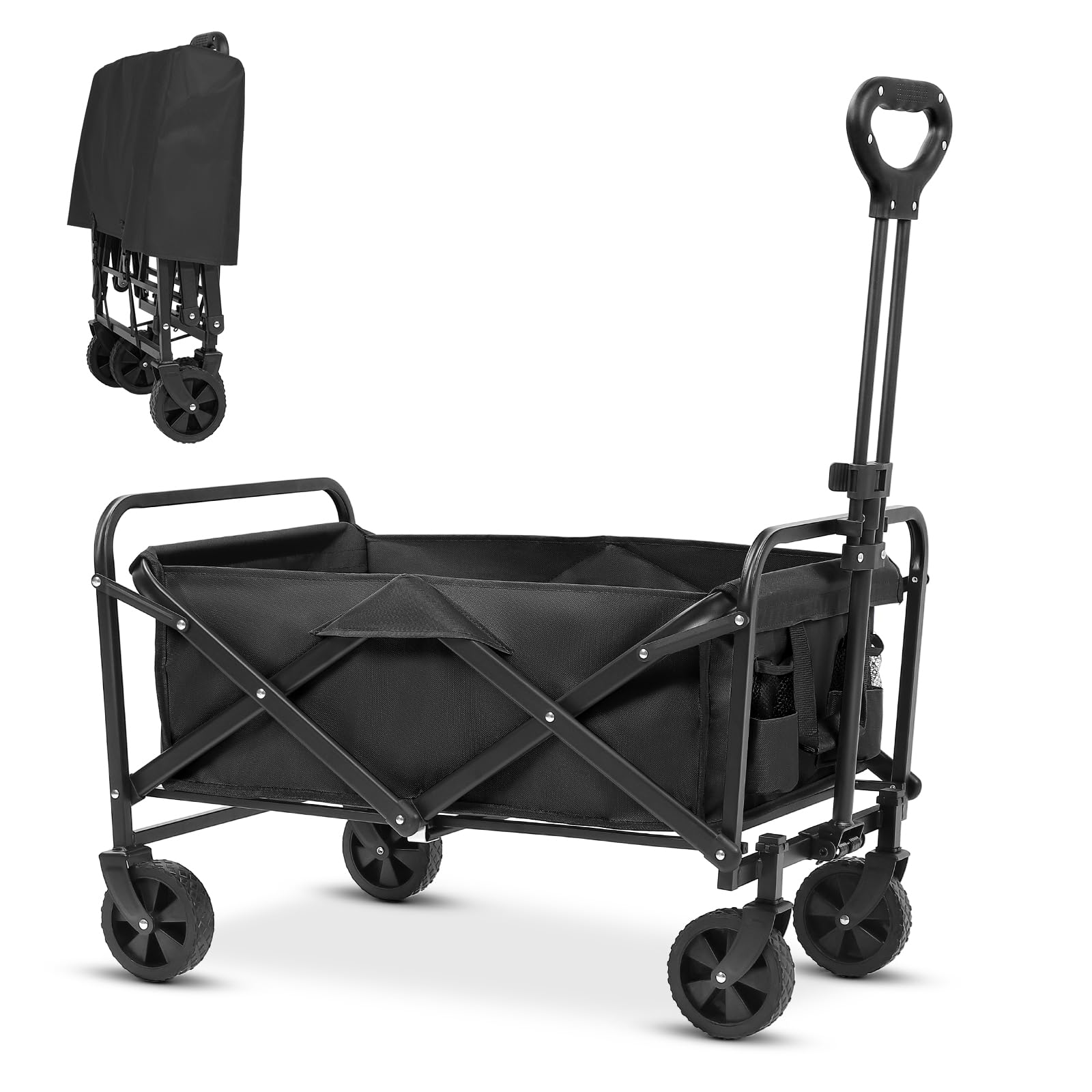 ( incomplete missing 2 wheels ) Collapsible Foldable Beach Wagon,Wagon Carts with Wheels Folding,Utility Grocery Lounge Wagon for Sand Camping Sports Shopping Outdoor(Black).