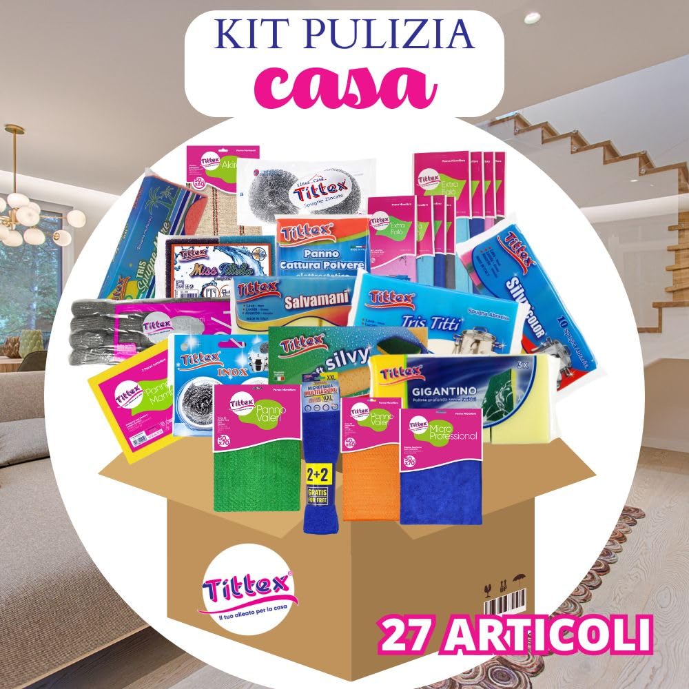 TITTEX Kit Pulizia Casa PRO: Spugne, Panni Microfibra, Panni Acciaio e vetri, Panni Pavimenti, Accessori Top per Pulizia Profonda! Set Prodotti Pulizia casa da 27 Pezzi, Borsa Shopping Inclusa
