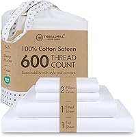 Threadmill 600 Thread Count Queen Cotton Sheets Set - 100% Long-Staple Cotton Sateen Weave, 16" Deep Pocket, Cooling Breathable 4-Piece Bedding, White