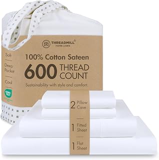 Threadmill 600 Thread Count Queen Cotton Sheets Set - 100% Long-Staple Cotton Sateen Weave, 16" Deep Pocket, Cooling Breathable 4-Piece Bedding, White
