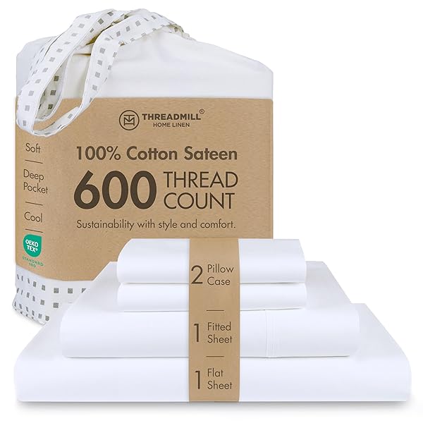 Threadmill 100% Cotton Sheets for King Size Bed - 600 Thread Count King Bed Sheets Set with 16” Deep Pocket - Sateen Weave 4-Piece Bedding Set with Cooling Effect, White