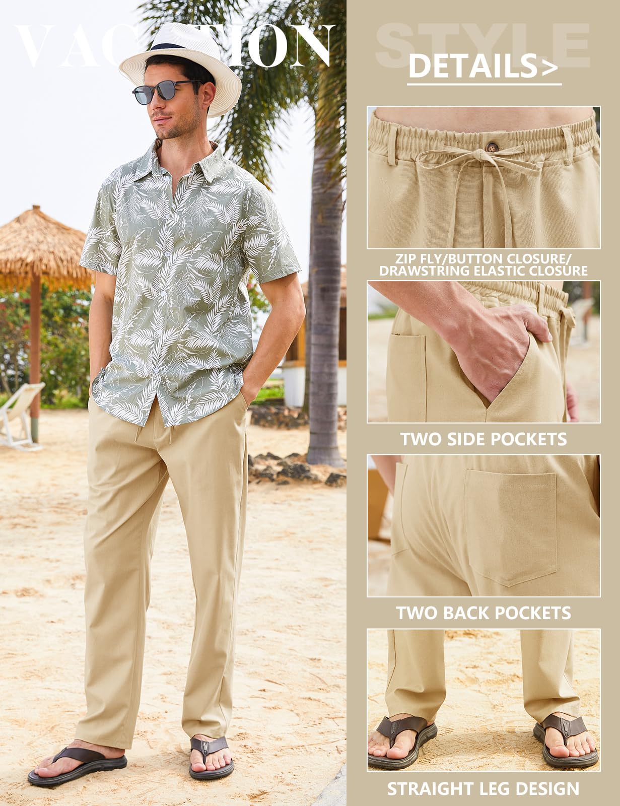 Yuson Girl Pantaloni Lino Uomo Estivi Pantalone da Spiaggia Cotone Pantaloni Leggeri Comodo Allentati Pantaloni Lunghi Casual Vita Elasticizzata Pantaloni con Coulisse e Tasches