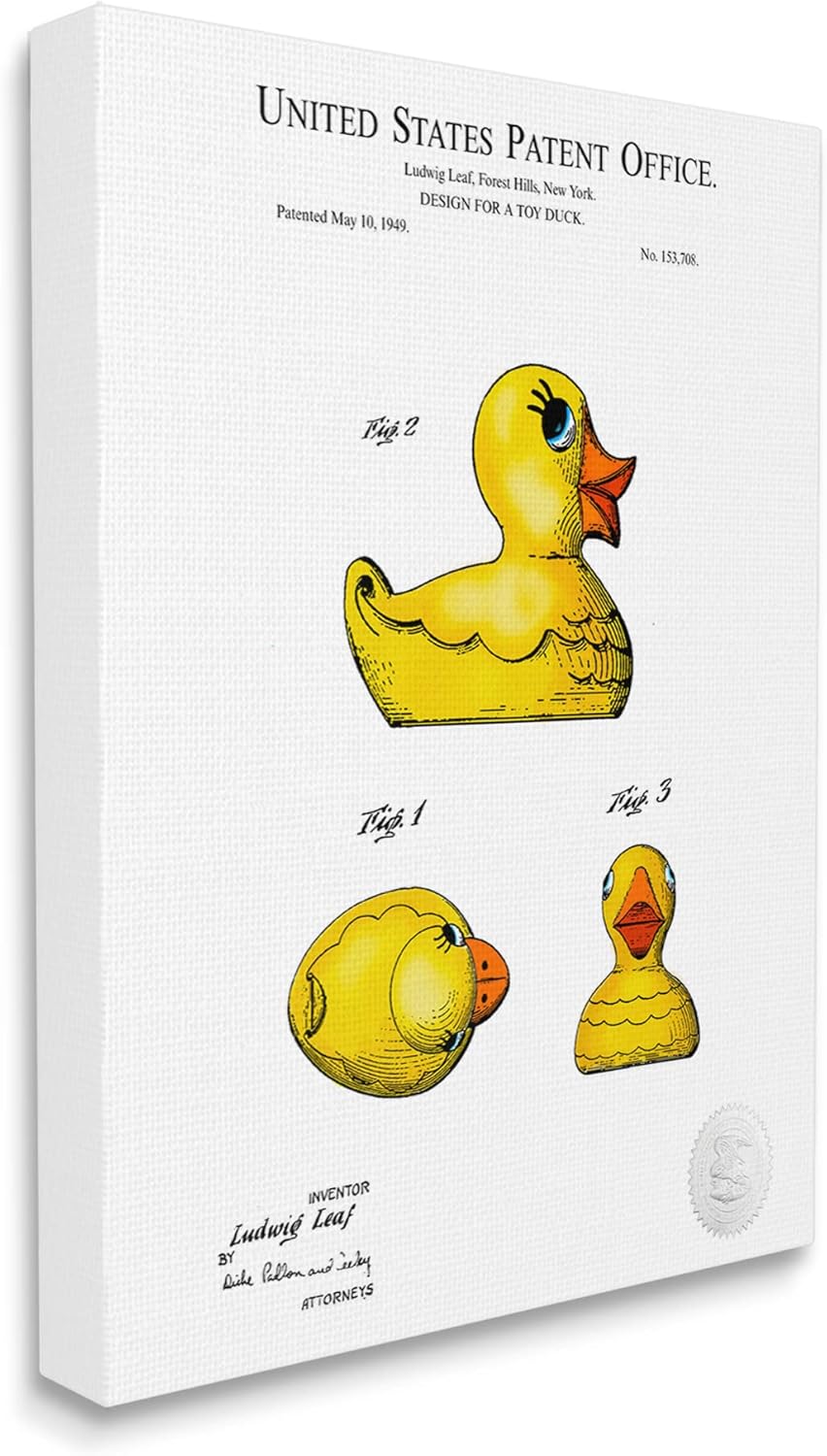 Stupell Industries Toy Rubber Duck Yellow Patent Design Diagram, Design by Karl Hronek