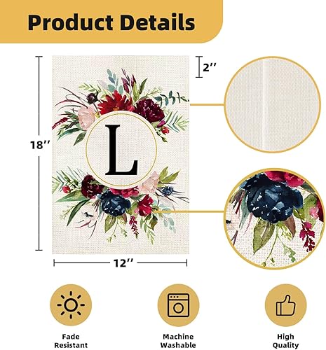 Miniatura 3 de Banderas de jardín con monograma de letra L, bandera de jardín de verano de 12 x 18 pulgadas, banderas florales de doble cara para patio, bandera de