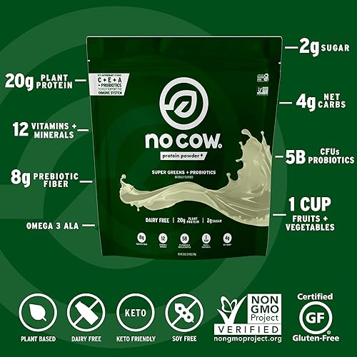 Miniatura 2 de No Cow Proteína en polvo a base de plantas Plus, 0.71 onzas de proteína con 9 aminoácidos esenciales y súper verdes, 5 mil millones de UFC