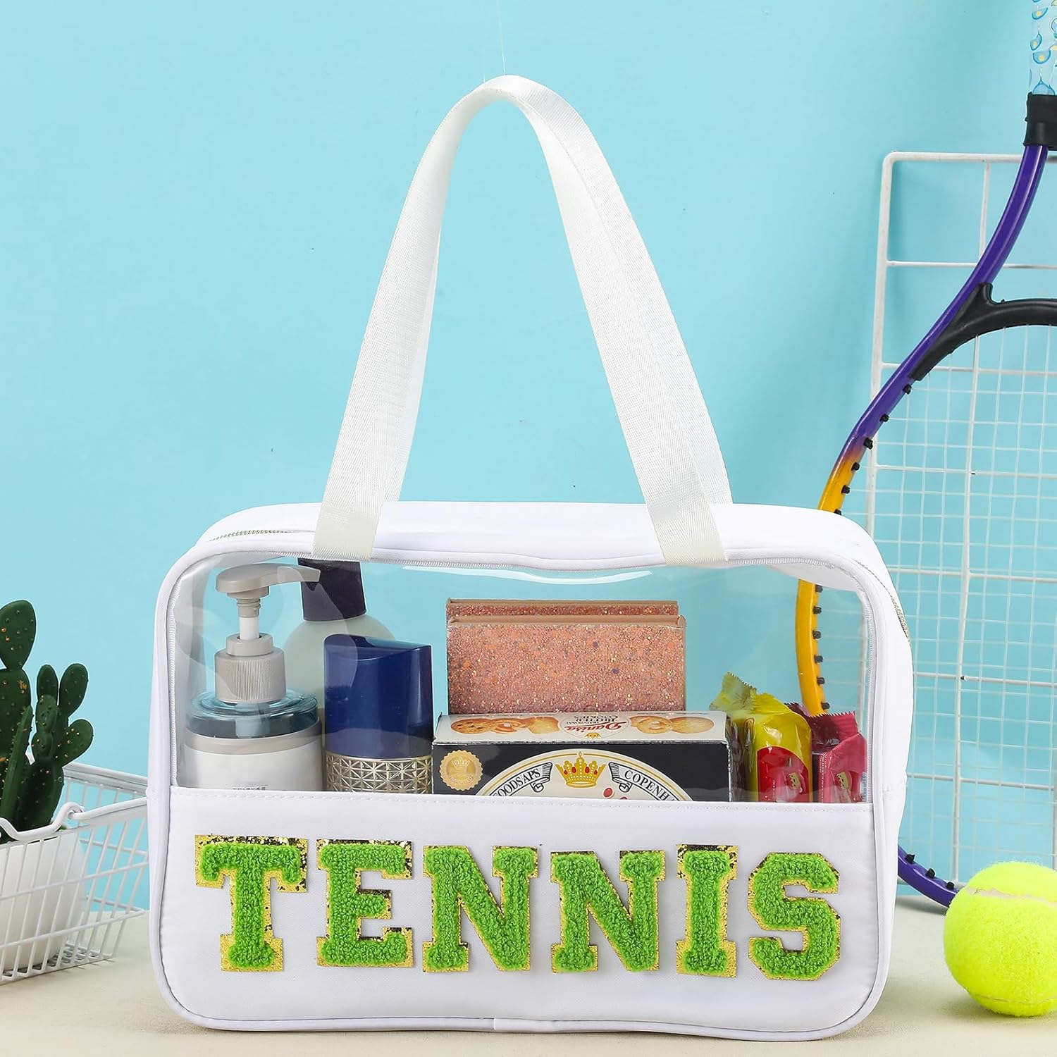 Sadnyy Tennis Gifts Cosmetic Makeup Bag with Chenille Letter Patch Clear Pouch PVC Waterproof Organizer Purse, Portable Tote Toiletry Storage Bag, Tennis Accessories for Sport Coach Women - Image 3