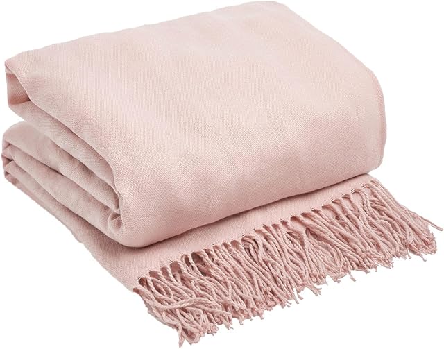 Highams Soft Solid Knit Tassel Fringe Fleece Throw Decor Warm Chair Sofa Bed Blanket, Blush Pink - 150 x 200cm