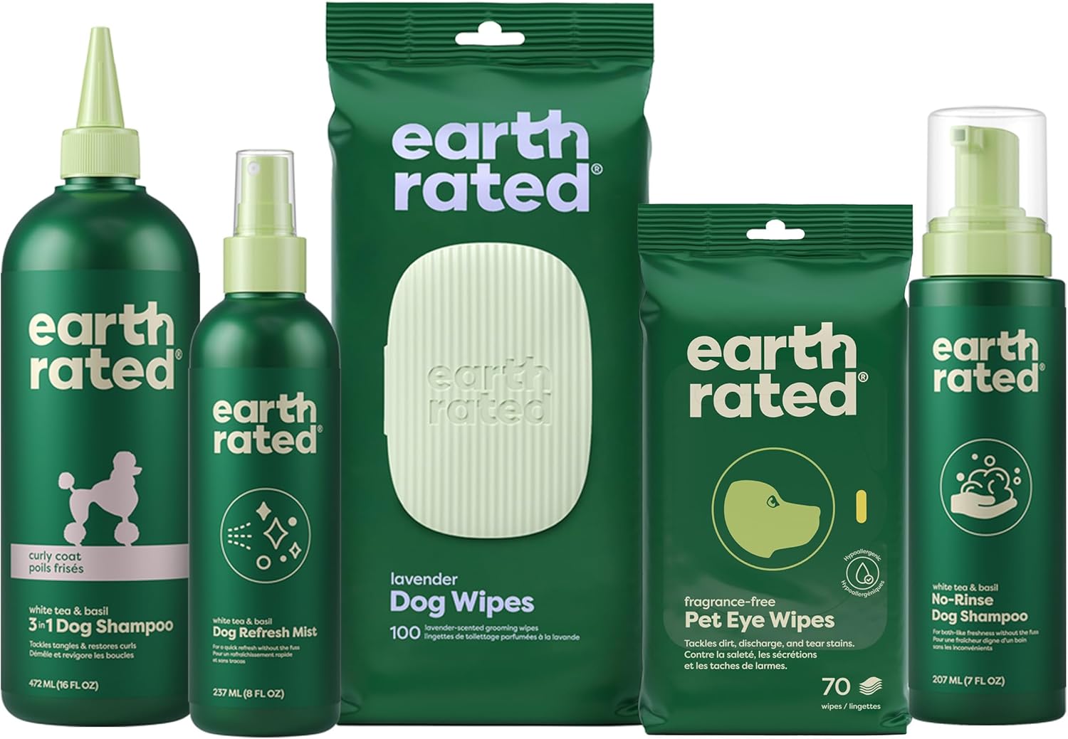 Earth Rated Curly Coat Essentials - Dog Shampoo, Grooming Wipes, Refresh Mist, Eye Wipes & No-Rinse Shampoo
